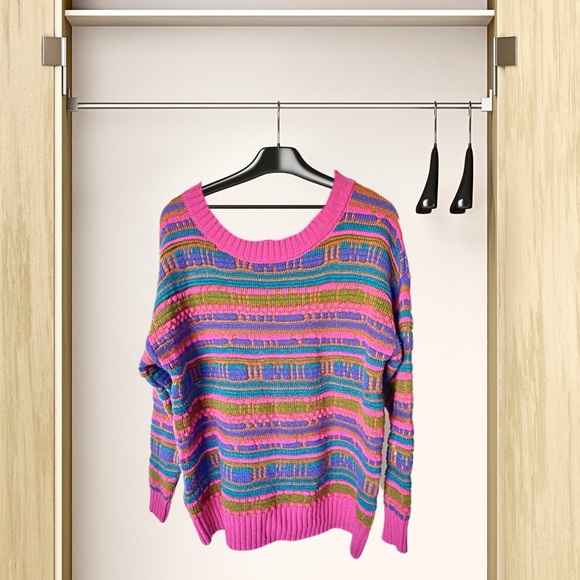 wild fable Sweaters - Women's Textured Stitch Crewneck knit Sweater - Wild Fable Pink Multi Striped